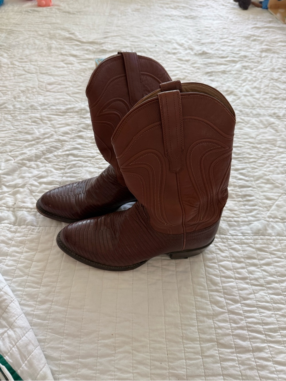 Tecovas Tan Leather Cowboy Boots with Brown Pull Tabs
